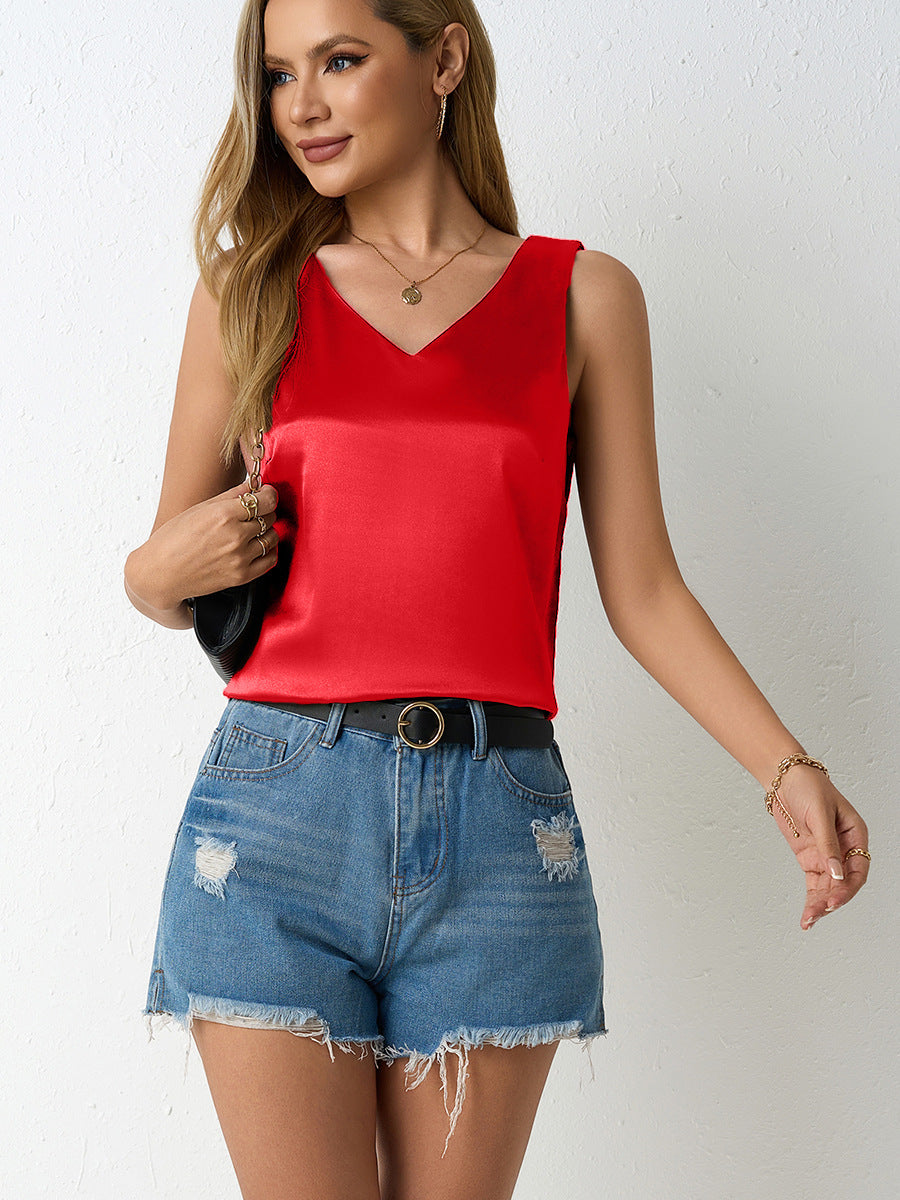 Damen Satin Cami-Top mit elegantem V-Ausschnitt und schmalen Trägern Drune