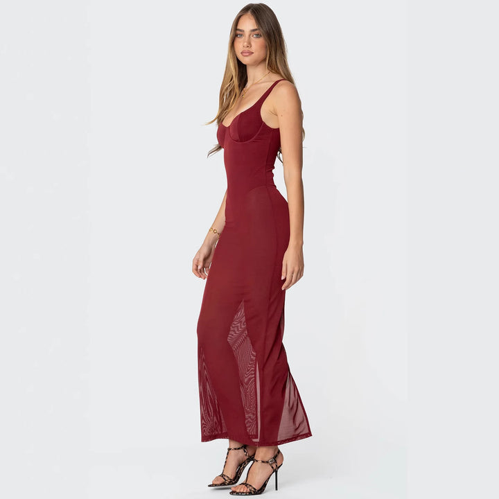 Damen Maxikleid mit figurbetonendem Schnitt und transparenten Einsätzen Drune