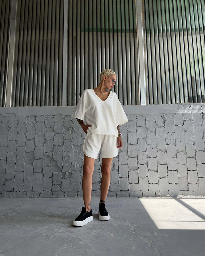 Damen lässiges V-Ausschnitt Oberteil und Shorts-Set Drune