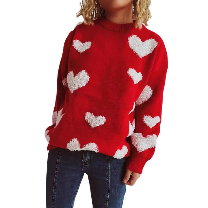 Damen Pullover mit Herzmuster und flauschigen Applikationen Drune