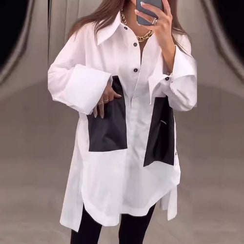 Damen Long-Bluse mit modischen Kontrasttaschen Drune