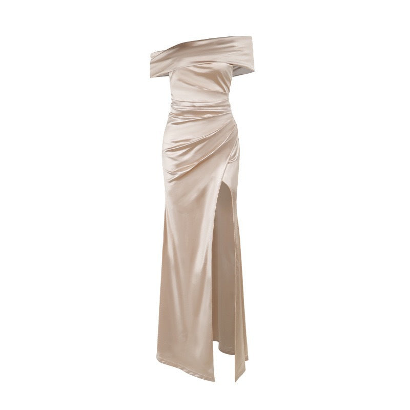 Damen Elegantes Satin Abendkleid mit asymmetrischem Träger und hohem Schlitz Drune