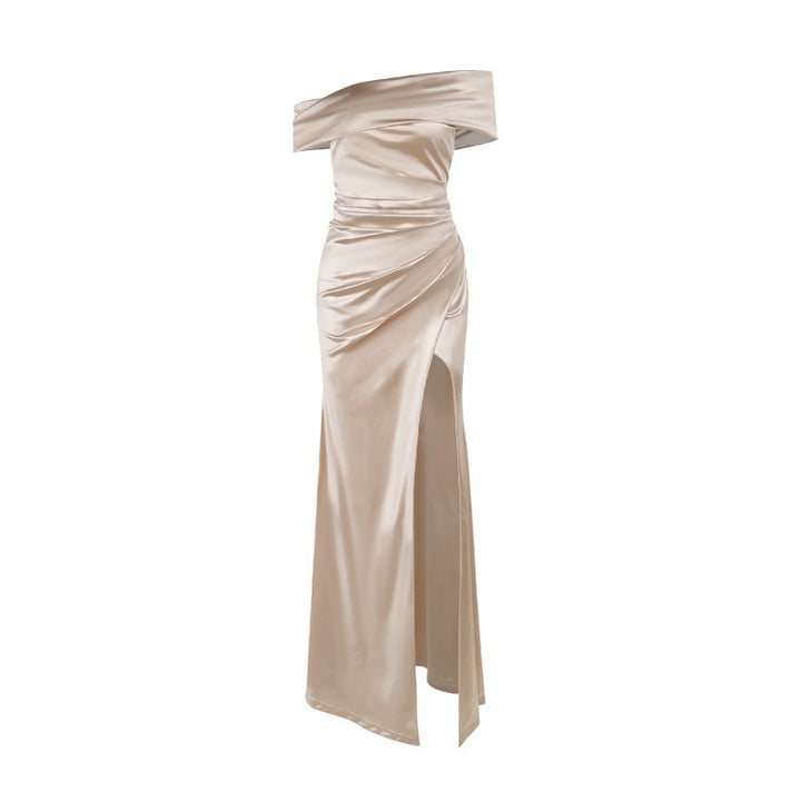 Damen Elegantes Satin Abendkleid mit asymmetrischem Träger und hohem Schlitz Drune