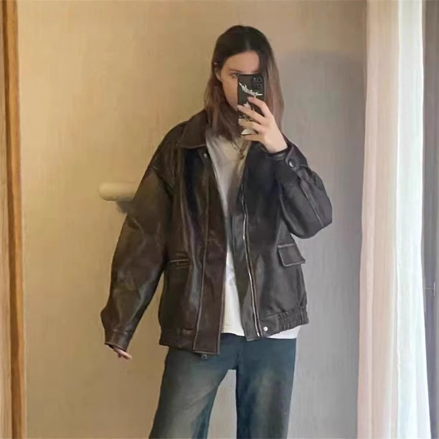 Damen modische oversized Lederjacke mit strukturiertem Design Drune