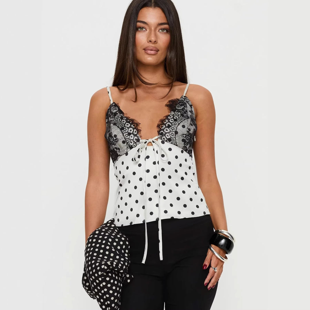 Damen Verspielt elegantes Spaghettiträgershirt mit Spitze und Punktemuster Drune