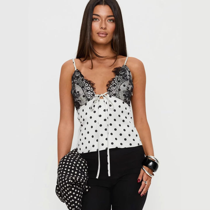 Damen Verspielt elegantes Spaghettiträgershirt mit Spitze und Punktemuster Drune