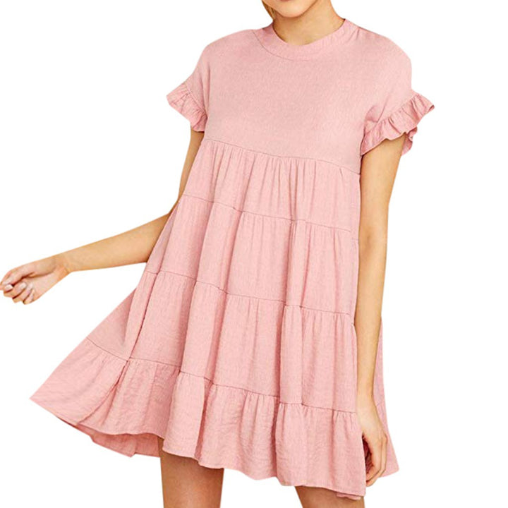 Damen luftiges Kurzarm Kleid mit Rüschendetails und fließendem Schnitt Drune