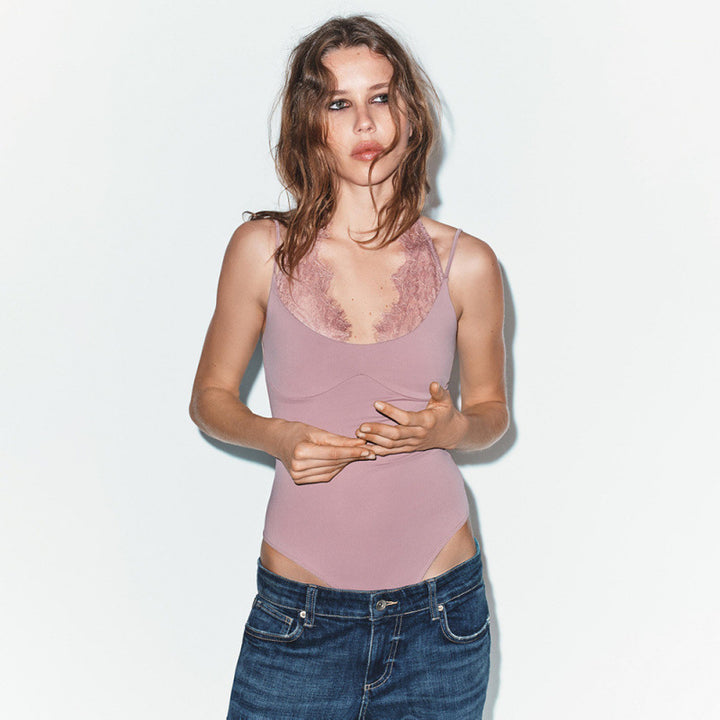 Damen Bodysuit mit Spitzenverzierung und figurbetontem Schnitt Drune