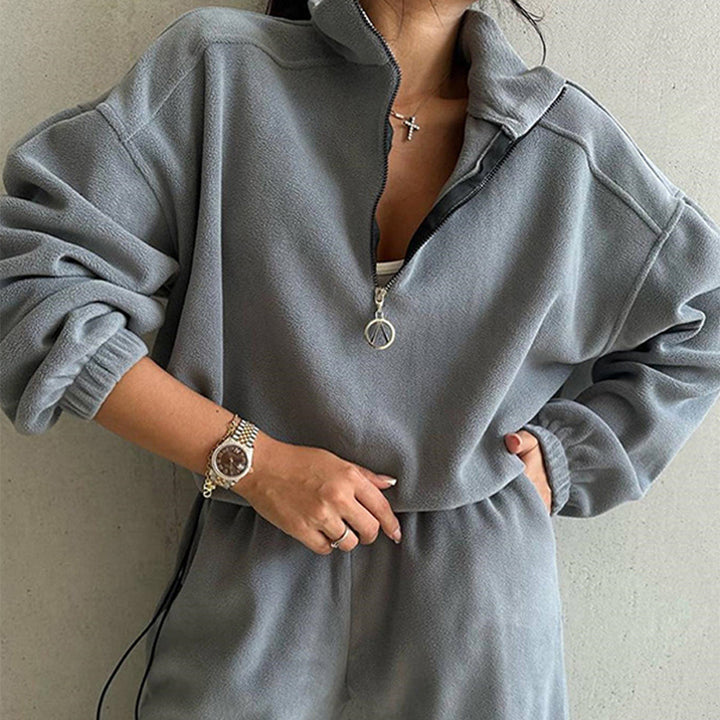 Damen Fleece-Loungewear-Set mit halbem Reißverschluss und elastischem Bund Drune