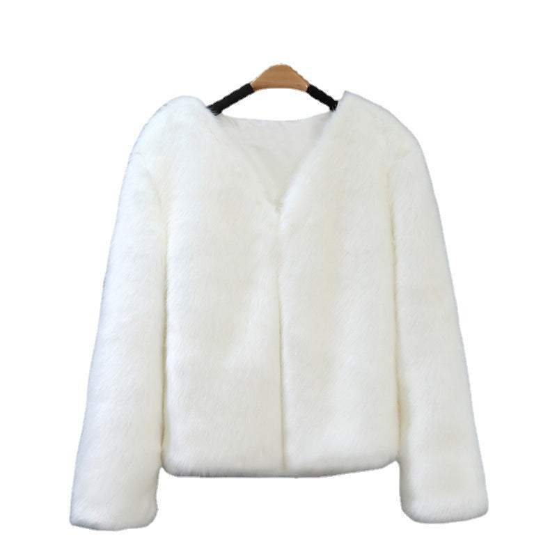 Damen Elegante Kunstfelljacke mit V-Ausschnitt und weichem Innenfutter Drune