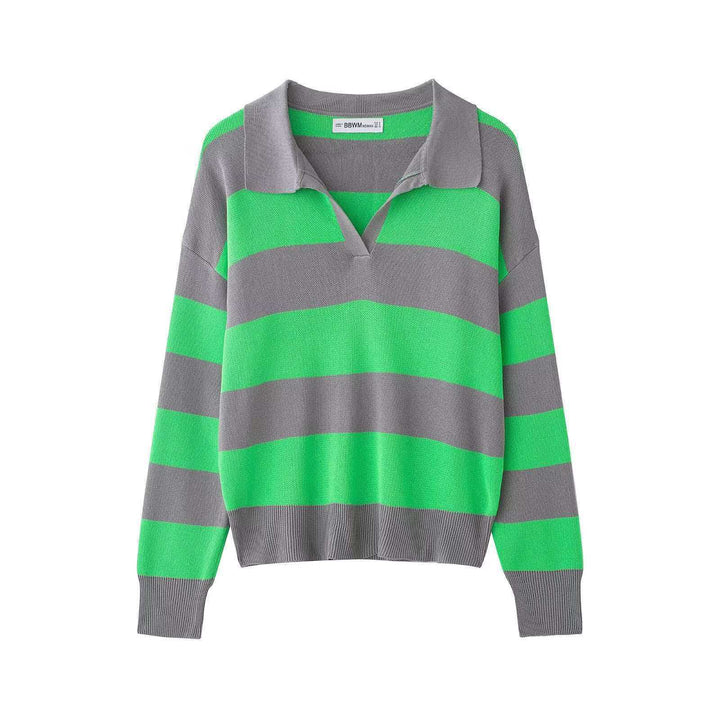 Damen nan gestreifter Rugby-Pullover mit Polokragen, V‑Ausschnitt und verlängerten Rippbündchen Drune