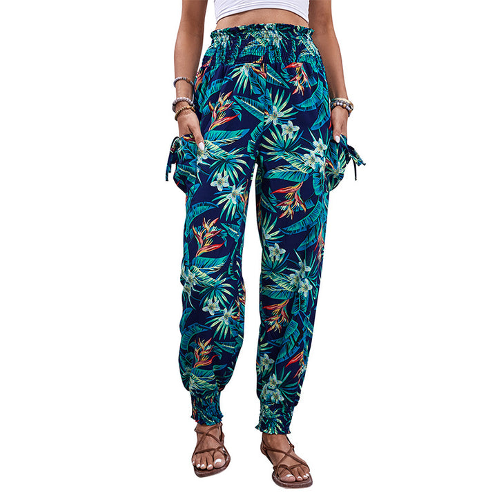 Damen Cargo-Hose mit elastischem Bund und buntem Blätter-Print Drune