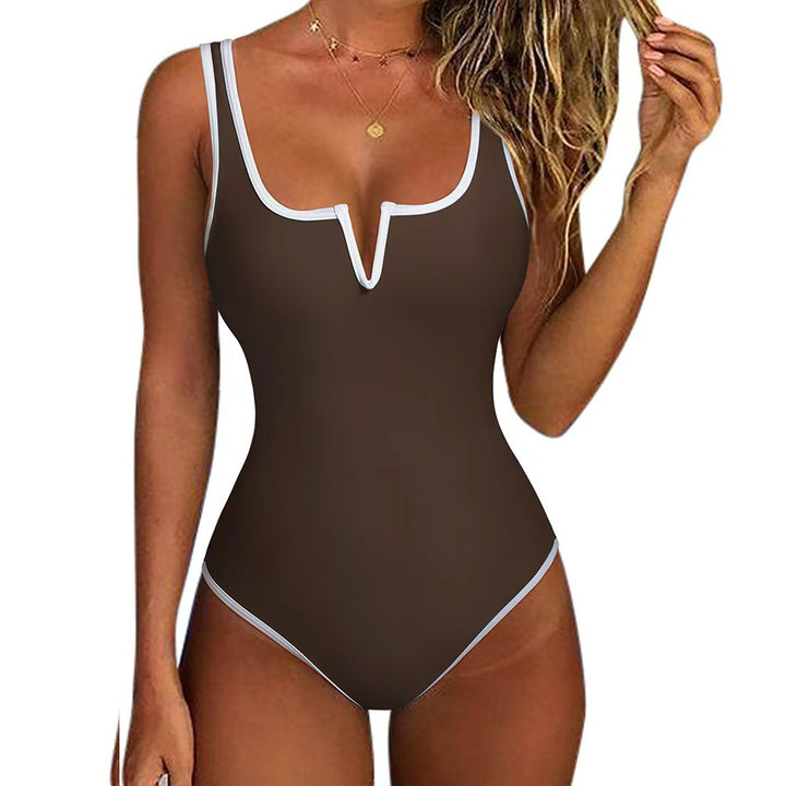 Damen Sportlicher Einteiler Badeanzug mit tiefem V-Ausschnitt und kontrastierenden Details Drune