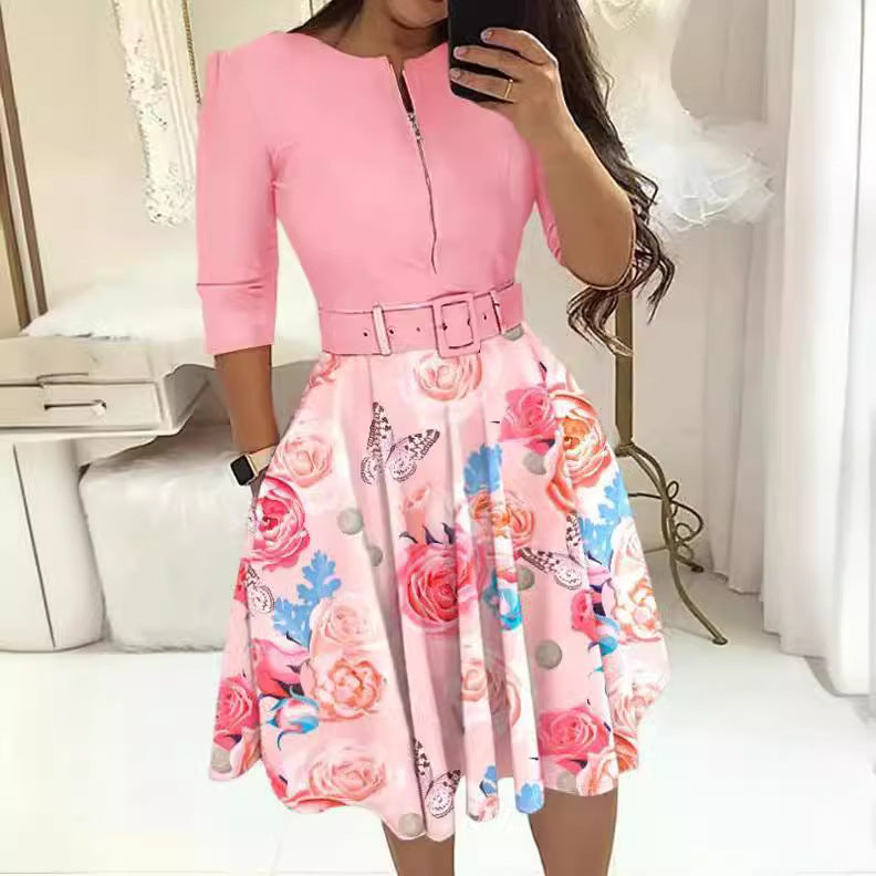 Damen Kleid im eleganten A-Linien-Stil mit Taillengürtel und floralem Druck Drune
