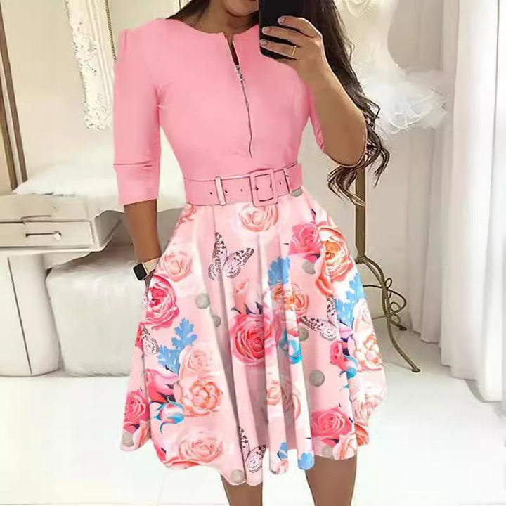 Damen Kleid im eleganten A-Linien-Stil mit Taillengürtel und floralem Druck Drune