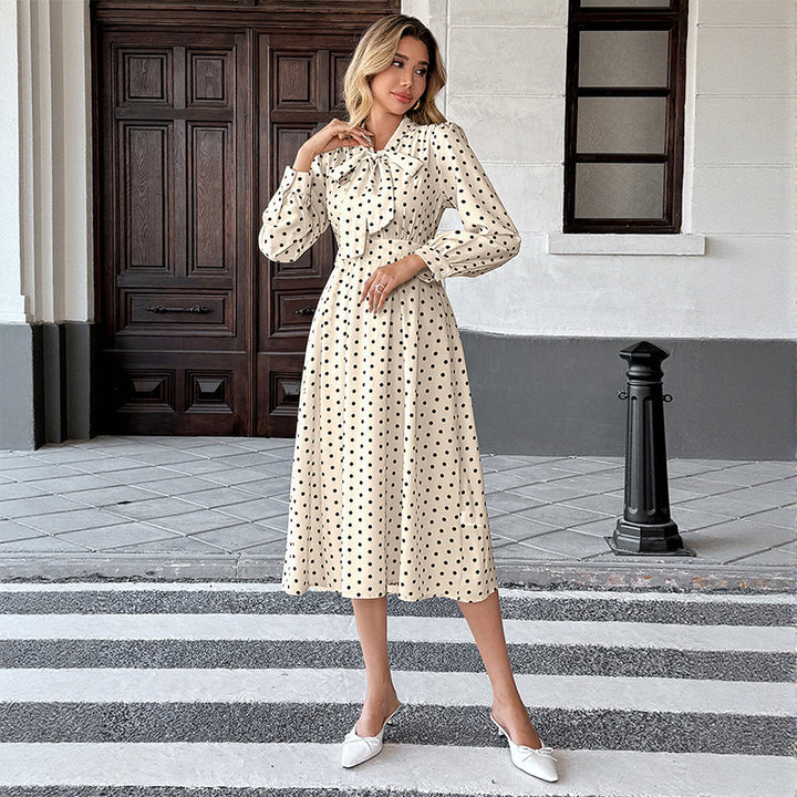 Damen Polka-Dot Midi-Kleid mit Bindekragen und langem Ärmeln Drune