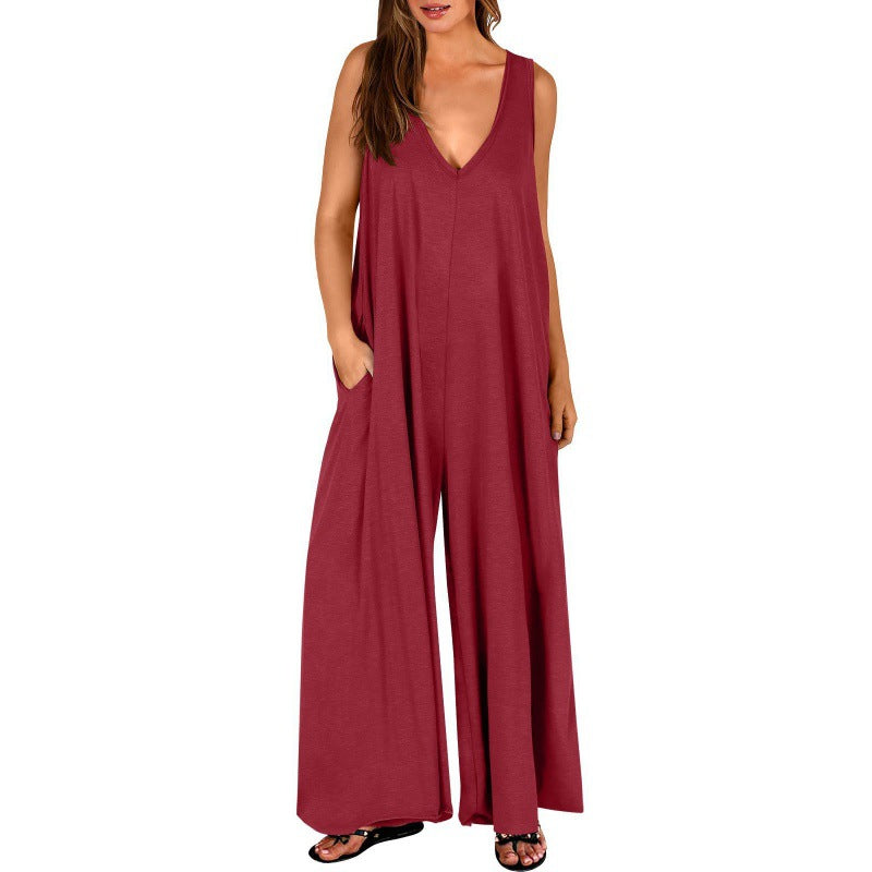 Damen Eleganter, weiter Jumpsuit mit tiefem V-Ausschnitt und praktischen Taschen Drune