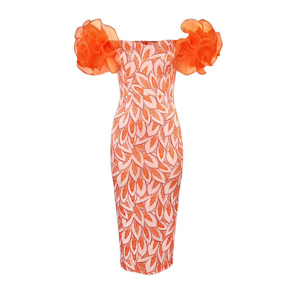Damen Elegantes Midi-Kleid mit innovativen Puffärmeln und kunstvollem Druck Drune