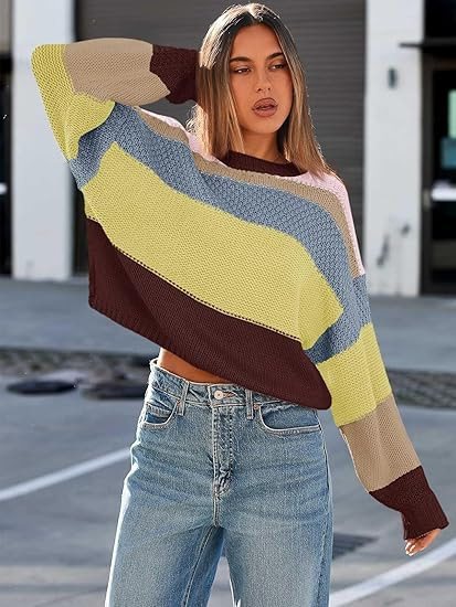 Damen Lockere gestreifte Strickpullover mit lässigem Schnitt Drune