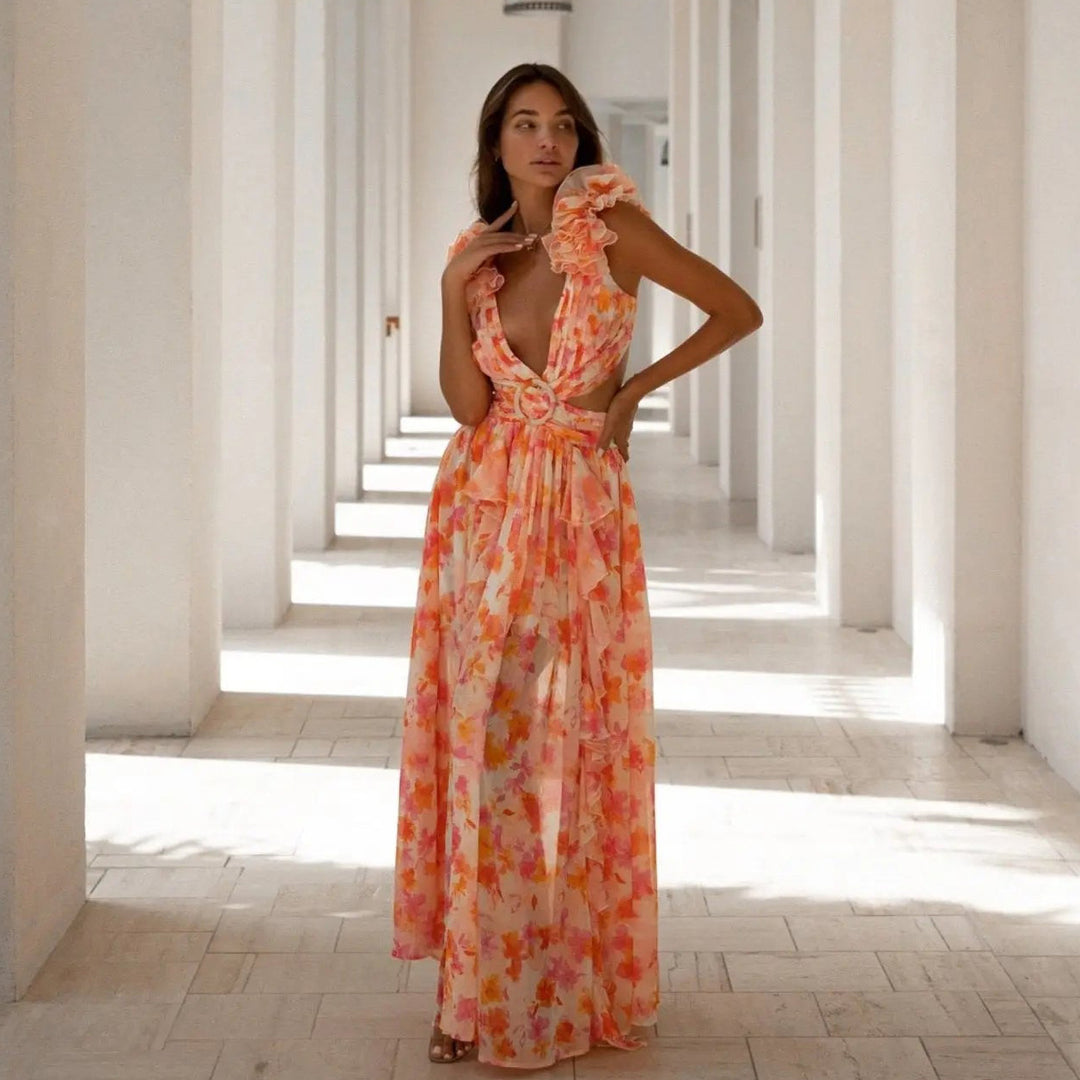 Damen Maxi Kleid mit Rüschendetails und Blumenmuster Drune