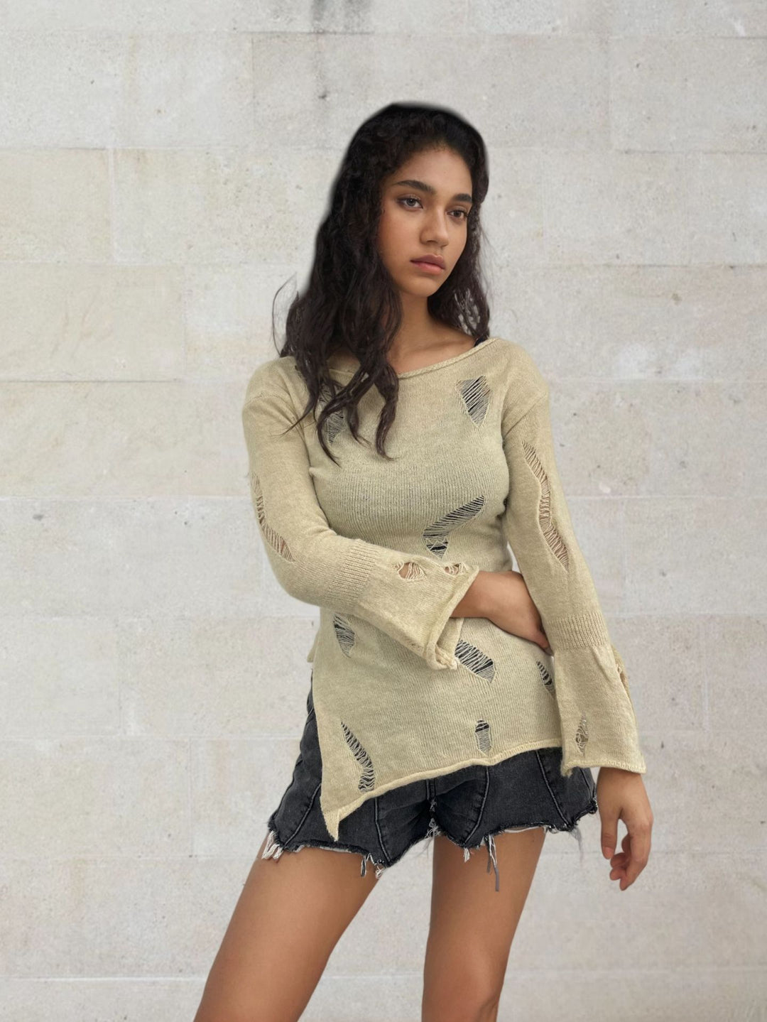 Damen modisches Oberteil mit strukturierten Cut-Outs und Ärmeln im Boller-Look Drune