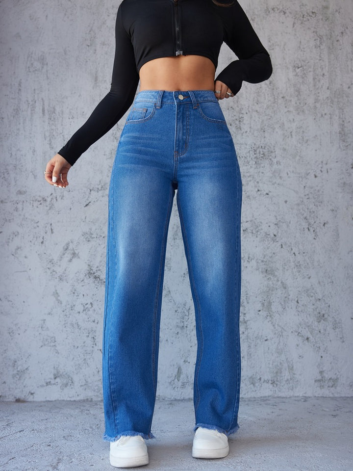 Damen weite High-Waist Jeans mit ausgefranstem Saum Drune