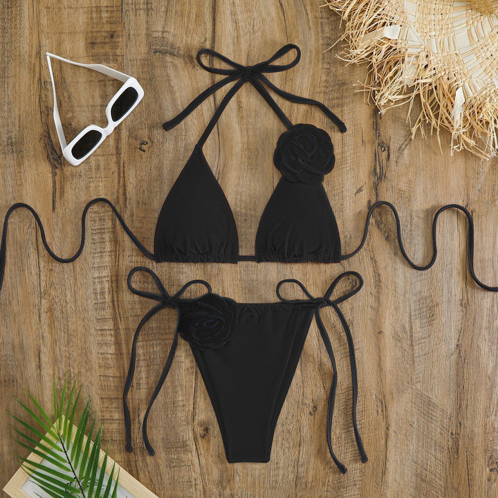 Damen verstellbarer Triangel-Bikini mit dekorativen Blumenapplikationen Drune