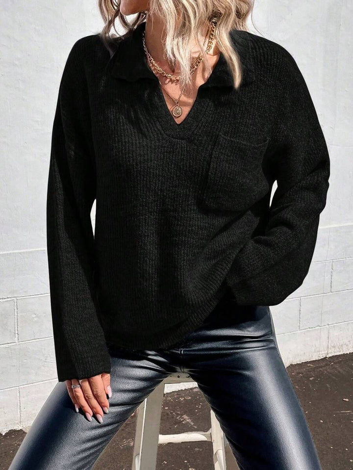 Damen Sportlicher Pullover mit modernem V-Ausschnitt und praktischer Brusttasche Drune