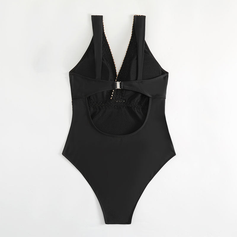 Damen Einteiler Badeanzug mit elegantem V-Ausschnitt und goldenen Details Drune