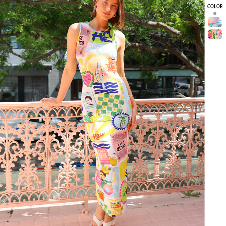 Damen Midikleid mit buntem Grafikdruck und figurbetontem Schnitt Drune