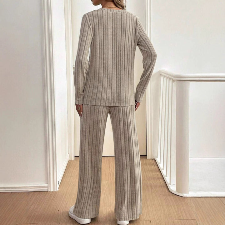 Damen lässiger Strickanzug mit modischem Rippdesign und Knopfleiste Drune