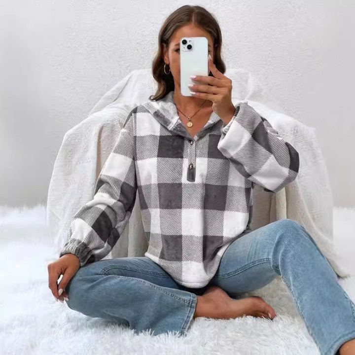 Damen Oversized Karo-Hoodie mit Knopfleiste und breiten Ärmeln Drune