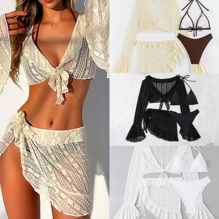 Damen Beachwear-Set mit eleganter Spitzenjacke und klassischem Bikini Drune