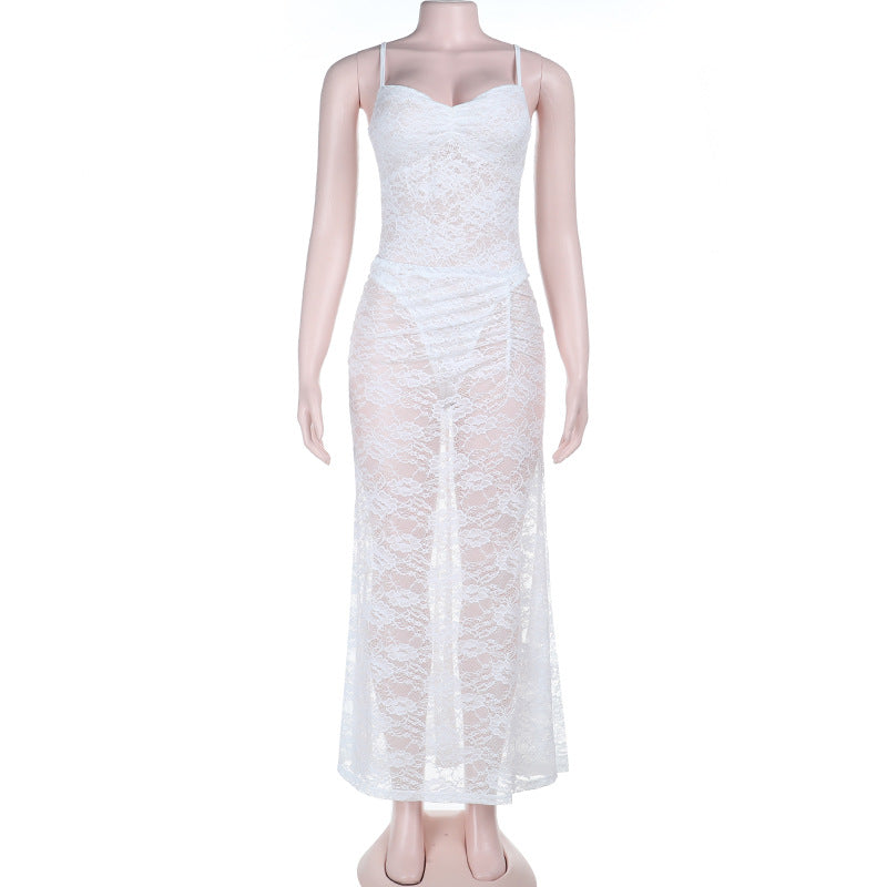 Damen sexy Spitzen Maxi-Kleid mit verstellbaren Trägern und Herzen-Ausschnitt Drune