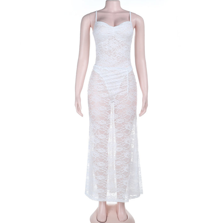 Damen sexy Spitzen Maxi-Kleid mit verstellbaren Trägern und Herzen-Ausschnitt Drune