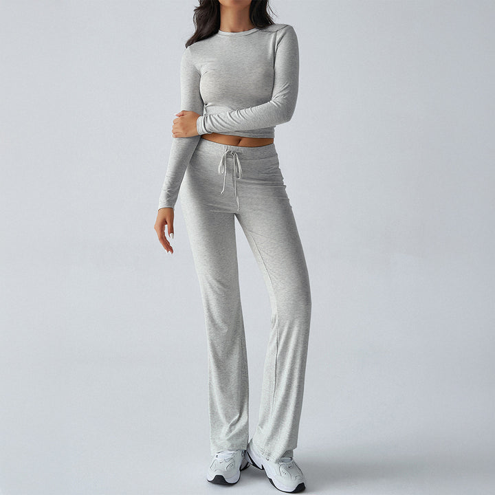Damen nan tailliertes Longsleeve-Crop-Top und weite Lounge-Hose im Zweiteiler-Set aus Stretchjersey Drune
