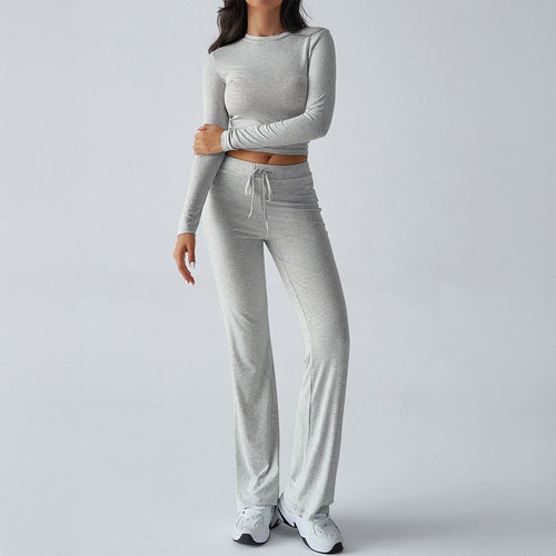 Damen nan tailliertes Longsleeve-Crop-Top und weite Lounge-Hose im Zweiteiler-Set aus Stretchjersey Drune