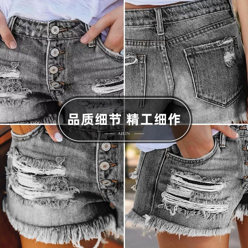 Damen Jeans-Shorts mit Fransen und Destroyed-Effekten Drune