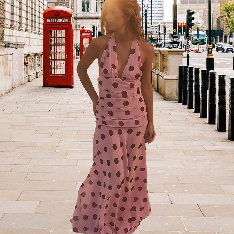Damen Maxikleid mit raffiniertem Wasserfall-Ausschnitt und Punkten Drune