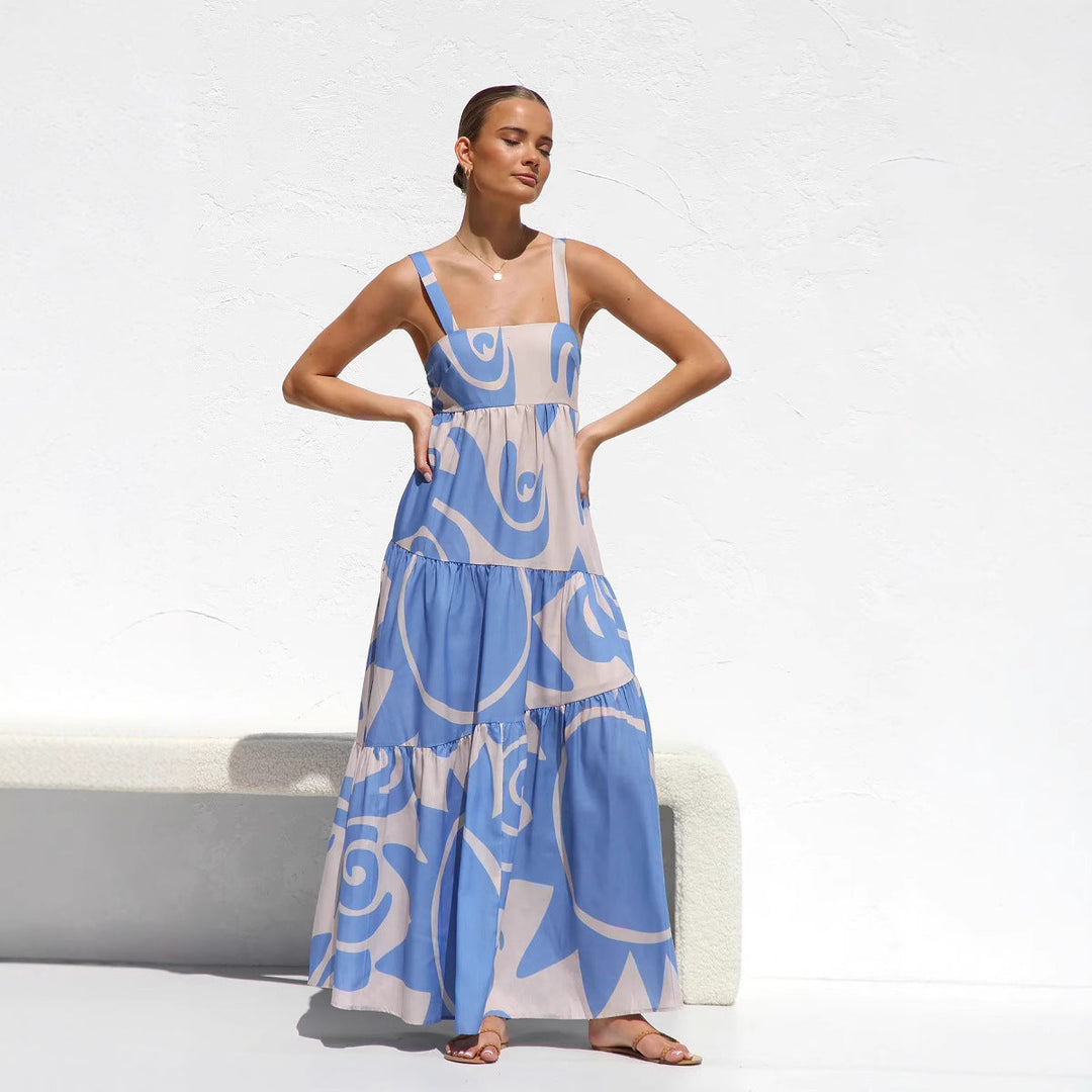 Damen Maxikleid mit modernem grafischen Muster und luftigen Volants Drune