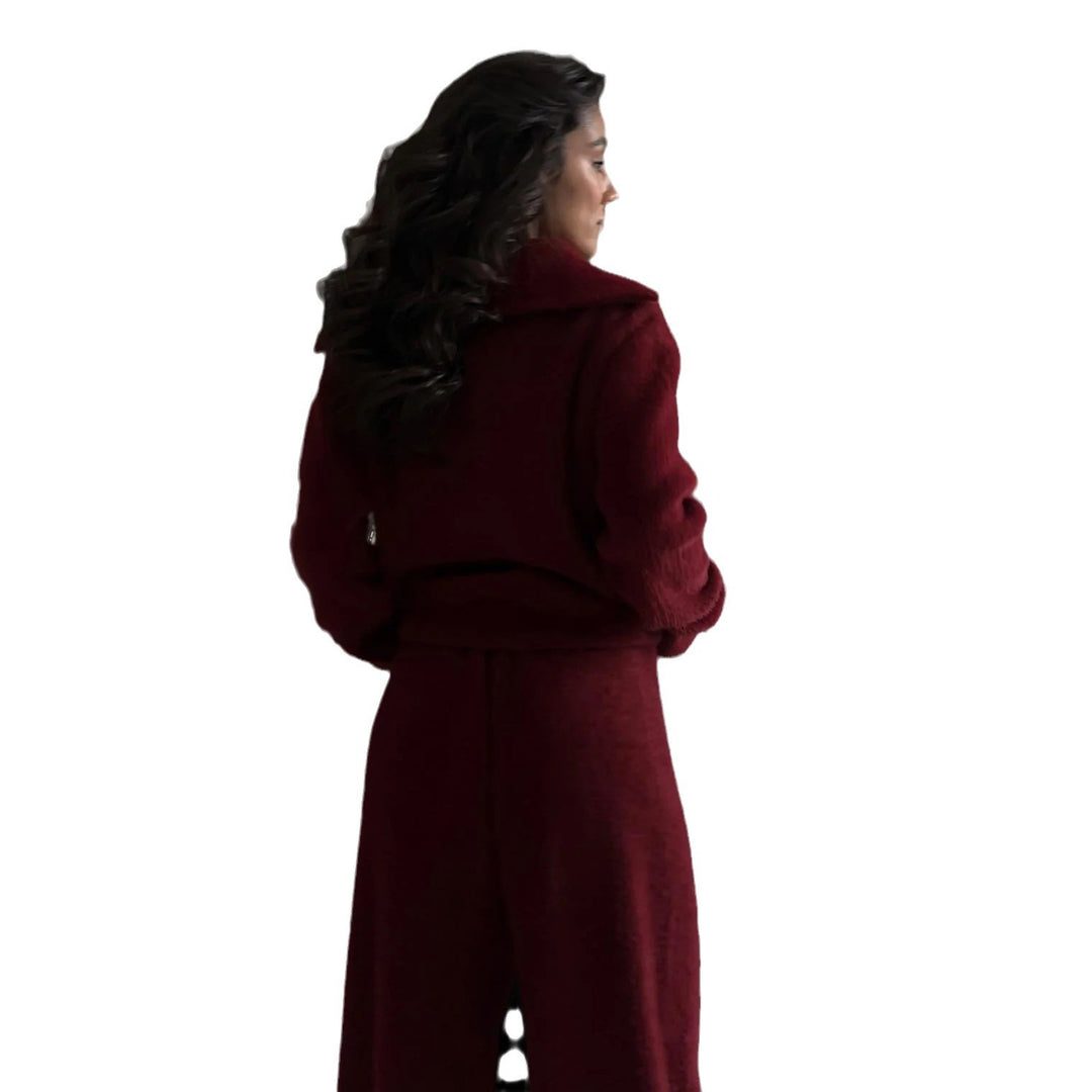Damen Lässiges Strick-Loungewear-Set mit halbhoch geschlossenem Reißverschluss und lockerer Passform Drune