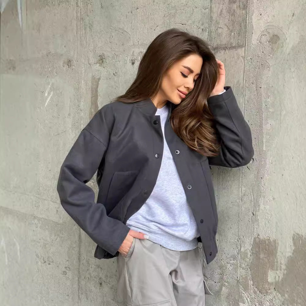 Damen lässige Collegejacke mit Knopfverschluss und Taschen Drune