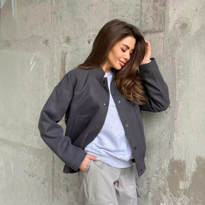 Damen lässige Collegejacke mit Knopfverschluss und Taschen Drune
