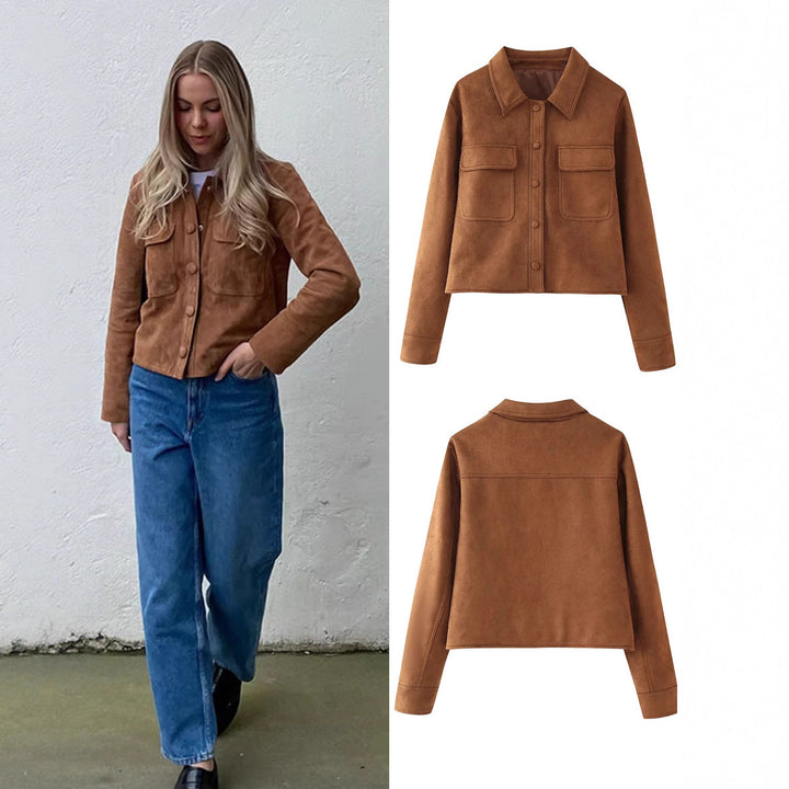 Damen modische Kurzjacke aus Wildlederimitat mit praktischen Taschen und elegantem Kragen Drune
