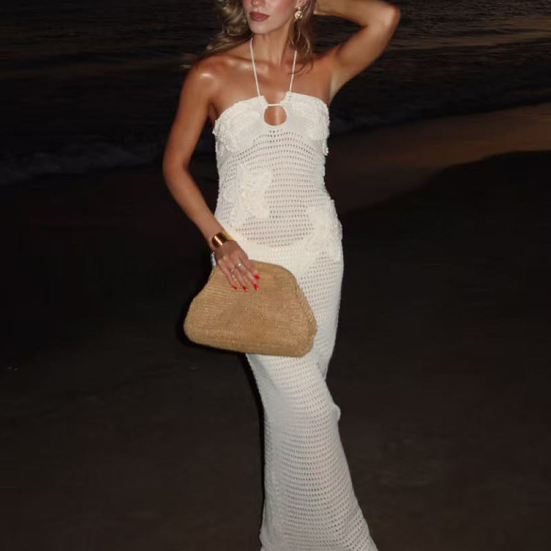 Damen Häkel Strandkleid im eleganten Design mit Schlüsselilloch und fließender Silhouette Drune