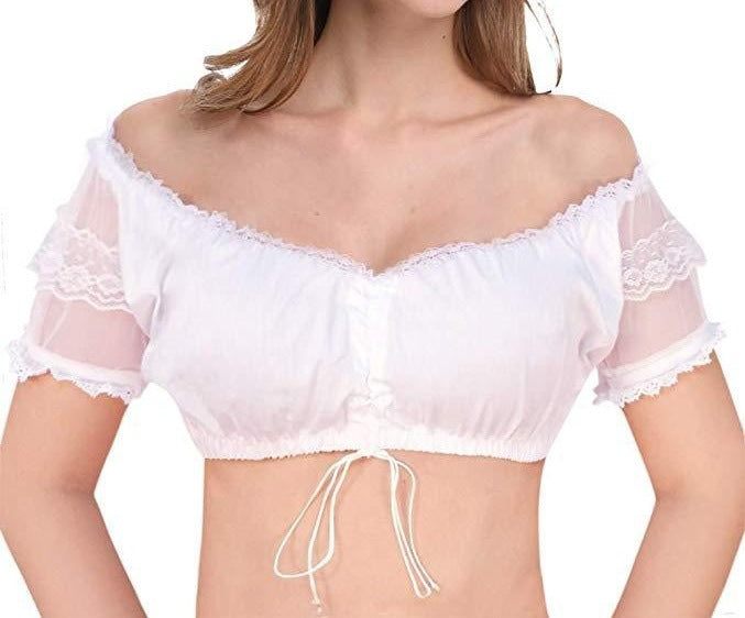 Damen  Dirndlbluse Carmen Ausschnitt mit Spitzenärmeln und Bindeband Drune