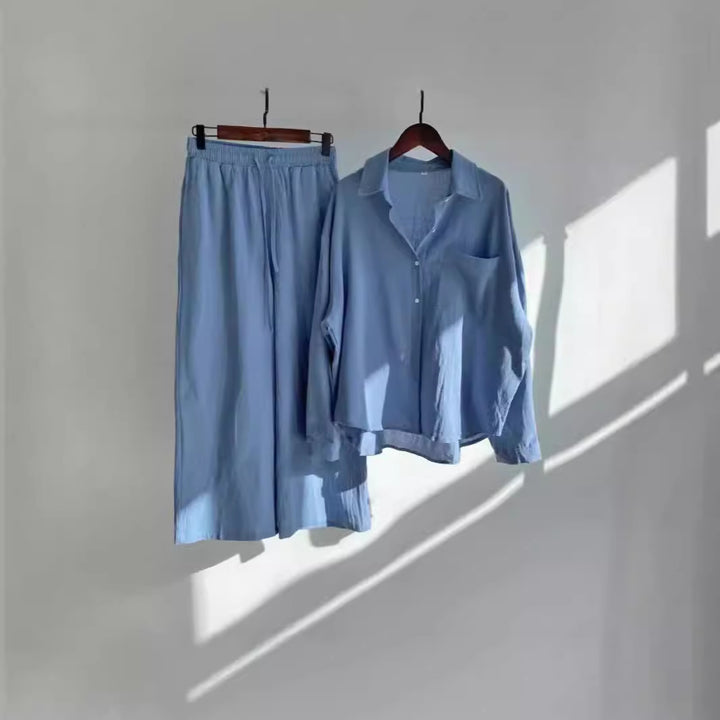 Damen lässiges Zweiteiliges Set aus locker sitzender Bluse und bequemen Hose Drune