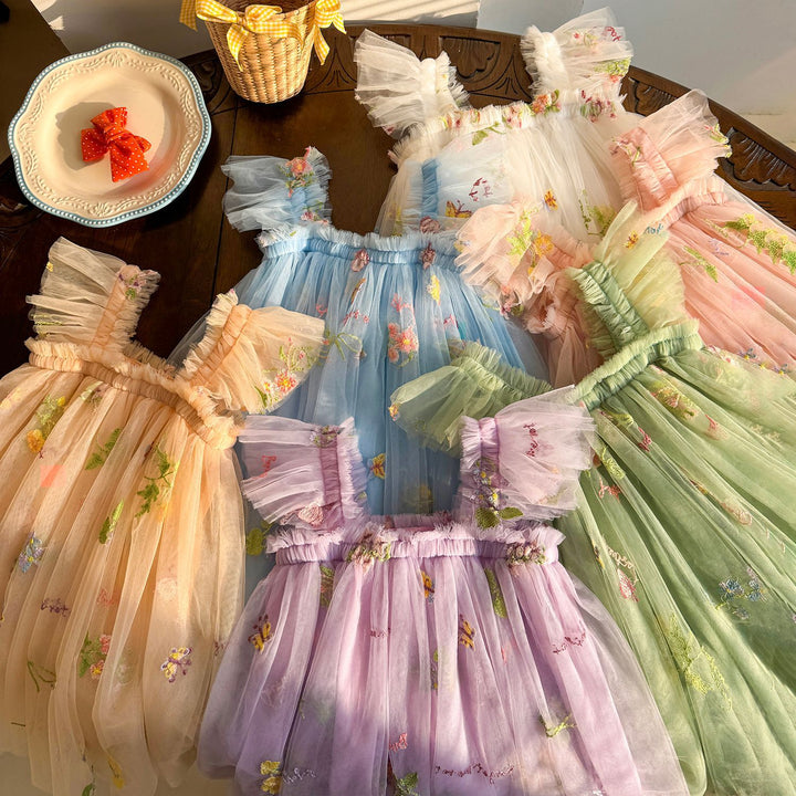 Mädchen Besticktes Tüll Partykleid mit Rüscheträgern Drune