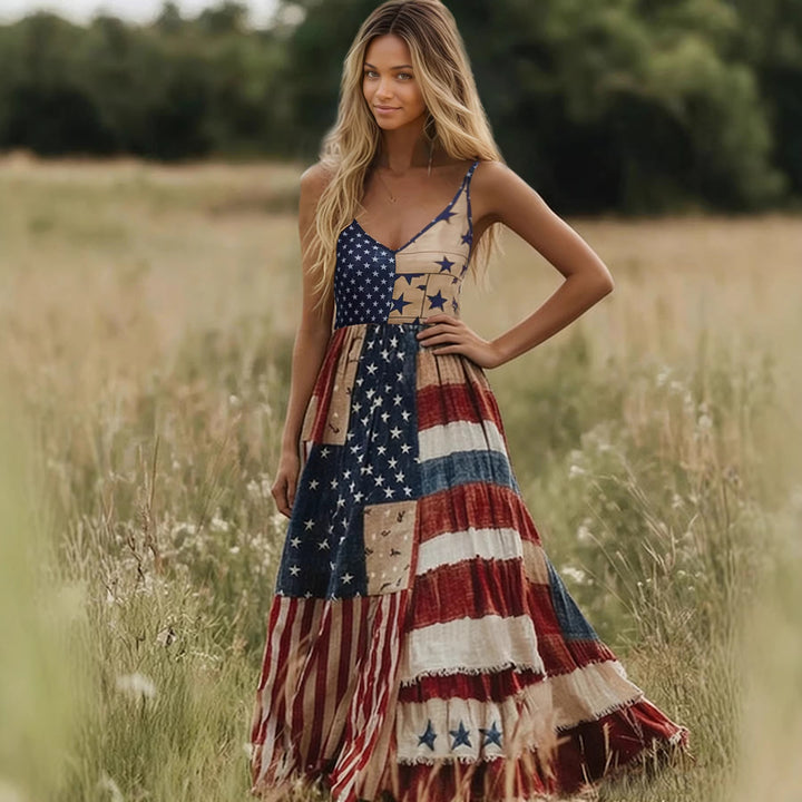 Damen Lange Sommerkleid mit buntem Patchwork-Design und V-Ausschnitt Drune