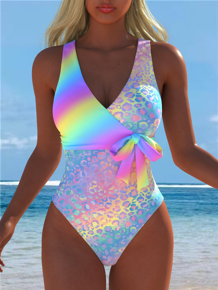 Damen Einteiliger Badeanzug mit elegantem Leoparden-Design und schimmerndem Farbverlauf Drune